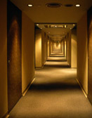 The hallway in Hong Kong's Prudential Hotel casts an eerie spell.