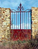 Looking out to the blue sky through the gate at La Viala.
