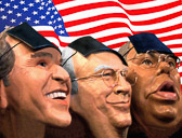 Rubber masks of George Bush, Dick Chaney and Colin Powell.
