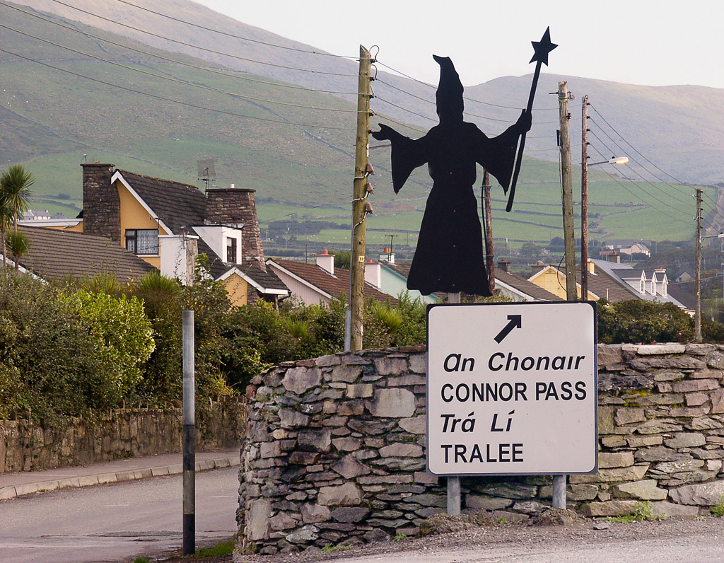 An interesting road sign points the way to Connor Pass which cuts across the rugged Irish peninsula.